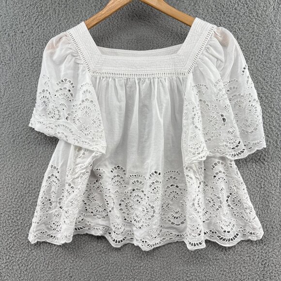 Title: Madewell Eyelet Embroidered Square Neck Flutter Sleeve Top White XS - Picture 4 of 12
